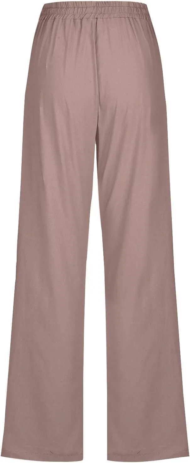 Cotton Linen Pants for Women Drawstring Elastic Waist Loose Fit Trouser Straight Wide Leg Trousers Casual Pants 2025