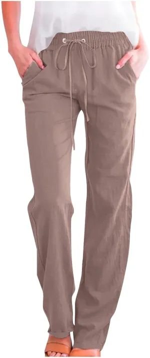 Cotton Linen Pants for Women Drawstring Elastic Waist Loose Fit Trouser Straight Wide Leg Trousers Casual Pants 2025