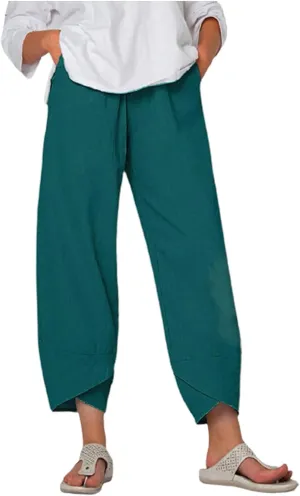 Cotton Linen Pants for Women Summer Casual Capri Pants Waist Elastic Comfy Loose Women's Palazzo Trousers with Pockets
