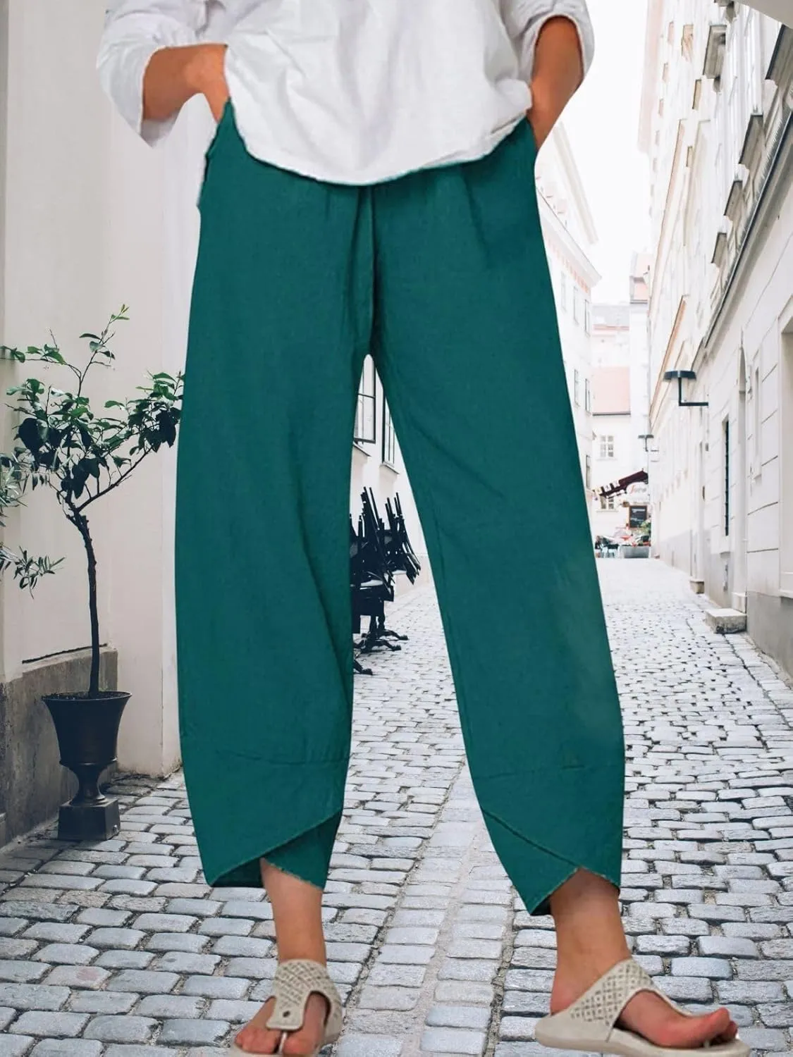 Cotton Linen Pants for Women Summer Casual Capri Pants Waist Elastic Comfy Loose Women's Palazzo Trousers with Pockets
