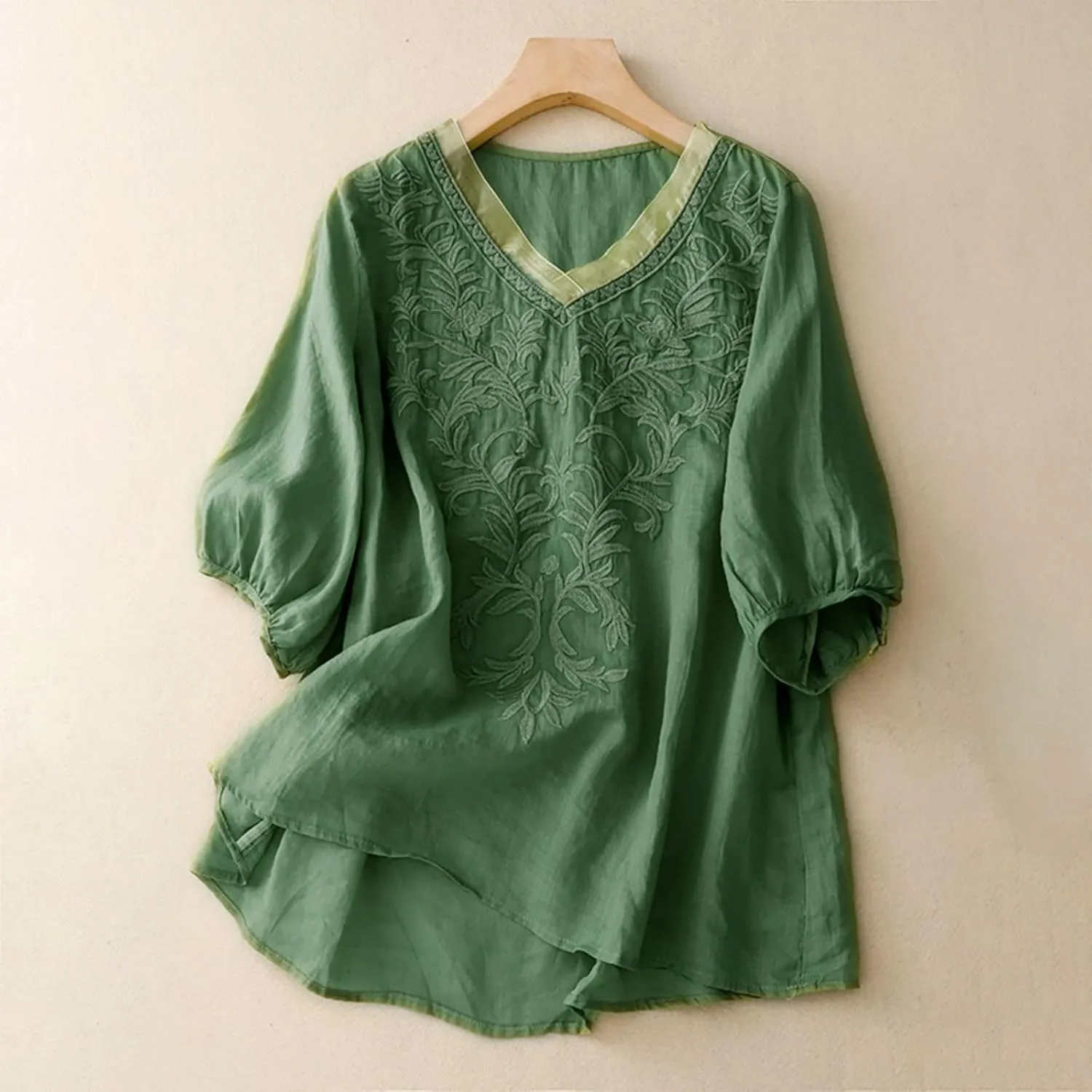 Cotton Linen Shirts for Women 2025 Floral Embroidered Tops Boho Ethnic Women 3/4 Sleeve V Neck Button Tunic Tshirt