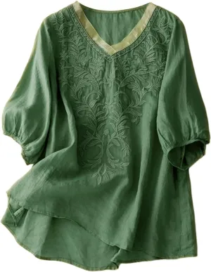 Cotton Linen Shirts for Women 2025 Floral Embroidered Tops Boho Ethnic Women 3/4 Sleeve V Neck Button Tunic Tshirt