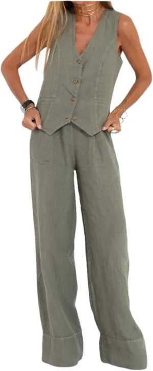 Cotton Linen Summer 2 Piece Outfits Women Linen Button V Neck Vest and Wide Leg Pants Suit Matching Sets