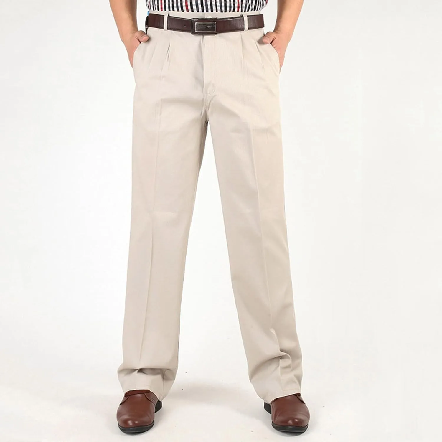 Cotton Mens Pleated Dress Pants with Belt Loops for Formal and Business Wear Pantalones de Hombre