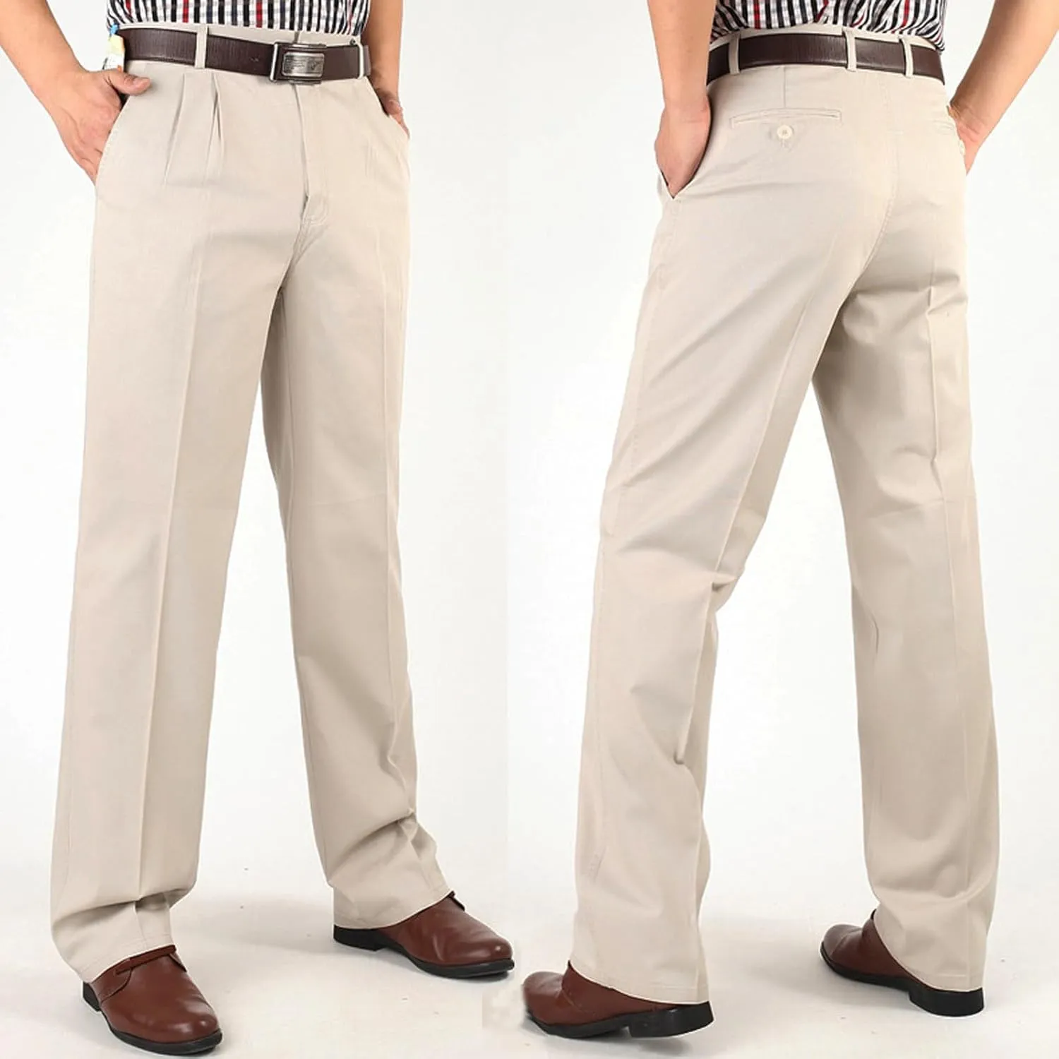 Cotton Mens Pleated Dress Pants with Belt Loops for Formal and Business Wear Pantalones de Hombre