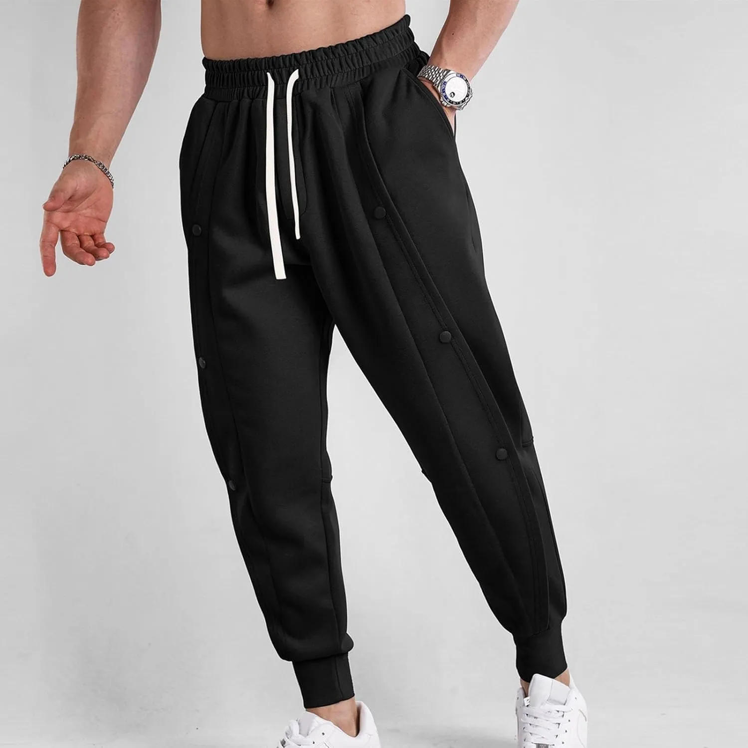 CRNTCEM Men's Button Track Pants Tapered Leg Athletic Joggers Elastic Waisted Workout Running Gym Sweatpants with Pockets