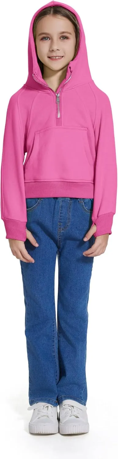 Cropped Hoodies for Girls Half Zip Up Sweatshirts Casual Long Sleeve Fleece Pullover Tops with Pockets Thumb Hole