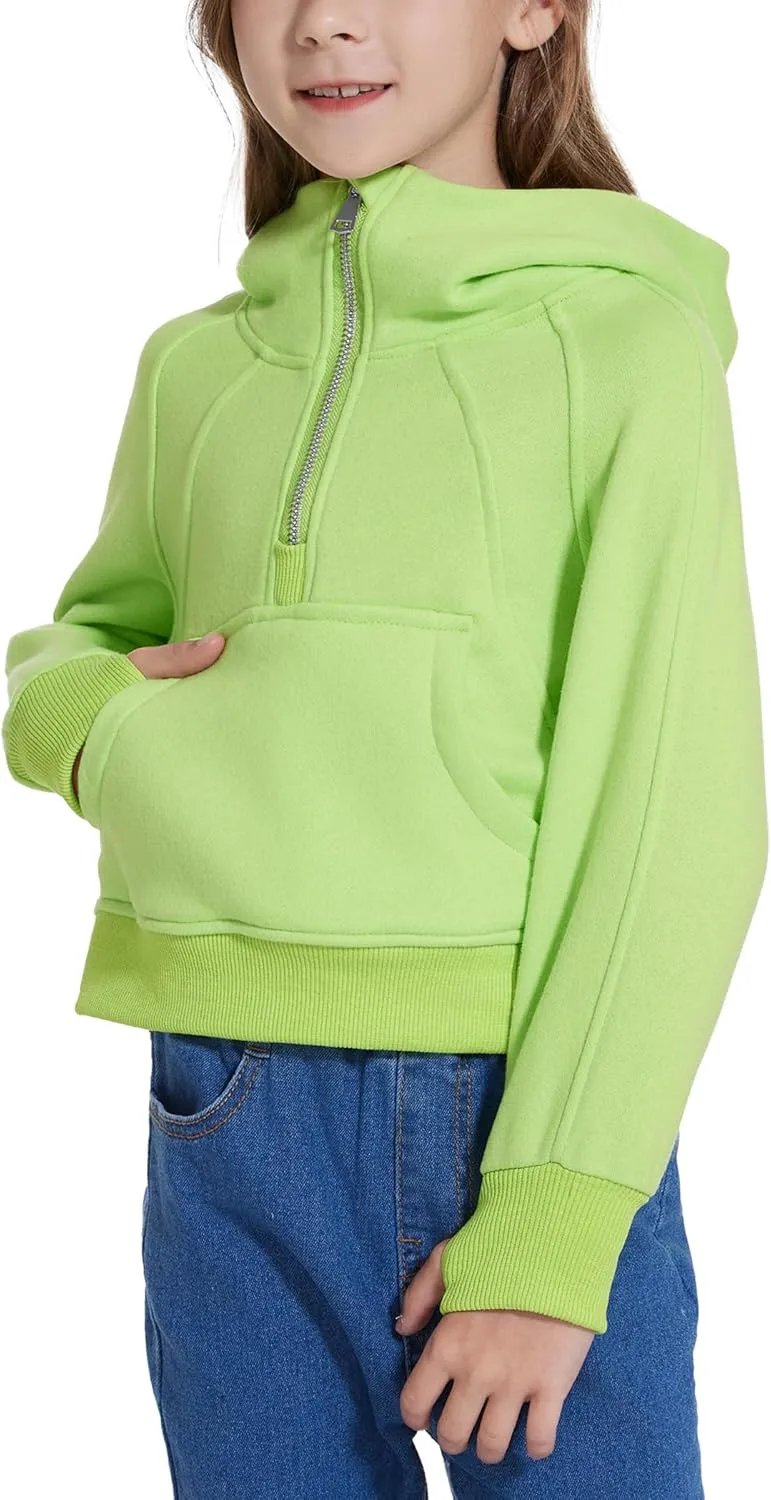 Cropped Hoodies for Girls Half Zip Up Sweatshirts Casual Long Sleeve Fleece Pullover Tops with Pockets Thumb Hole