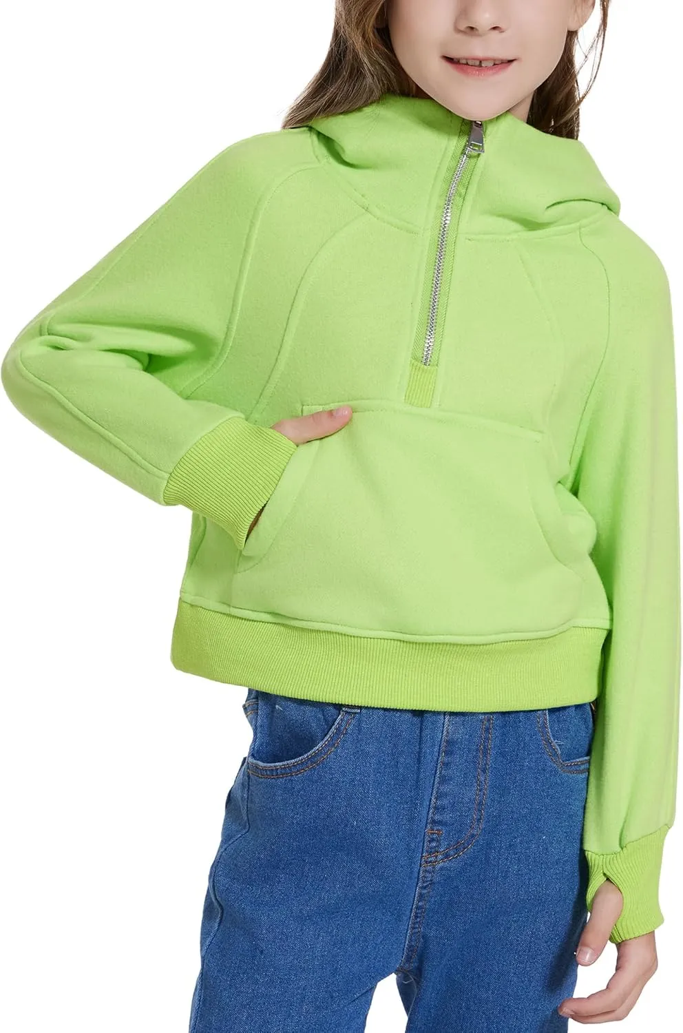 Cropped Hoodies for Girls Half Zip Up Sweatshirts Casual Long Sleeve Fleece Pullover Tops with Pockets Thumb Hole