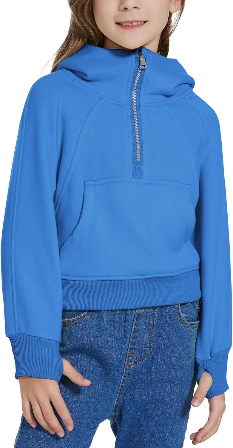 Cropped Hoodies for Girls Half Zip Up Sweatshirts Casual Long Sleeve Fleece Pullover Tops with Pockets Thumb Hole