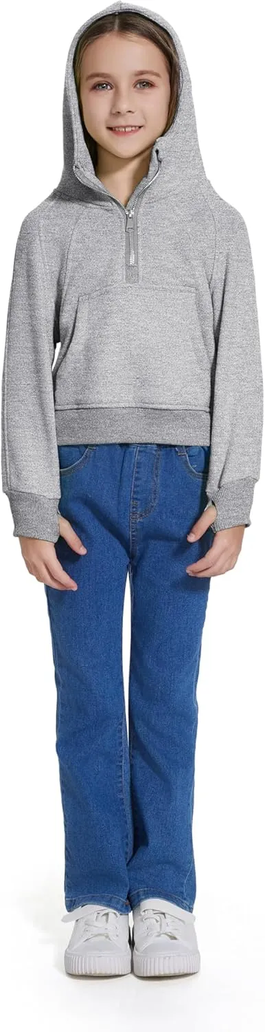 Cropped Hoodies for Girls Half Zip Up Sweatshirts Casual Long Sleeve Fleece Pullover Tops with Pockets Thumb Hole