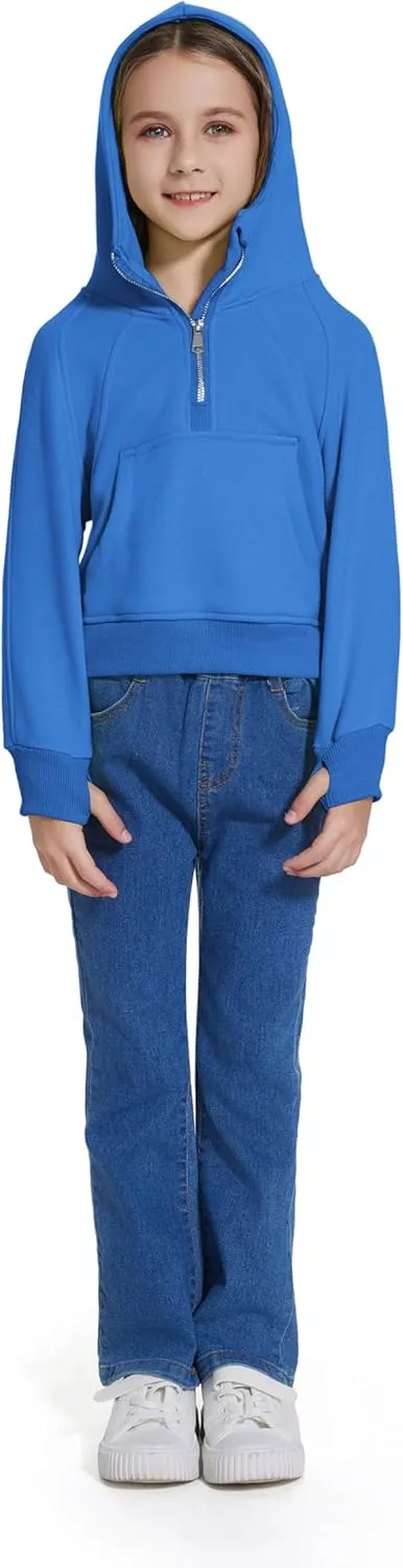 Cropped Hoodies for Girls Half Zip Up Sweatshirts Casual Long Sleeve Fleece Pullover Tops with Pockets Thumb Hole
