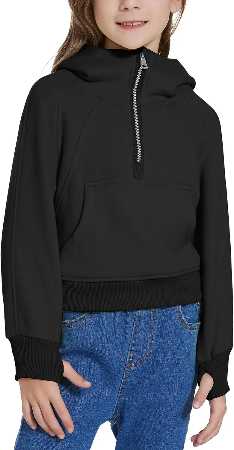 Cropped Hoodies for Girls Half Zip Up Sweatshirts Casual Long Sleeve Fleece Pullover Tops with Pockets Thumb Hole