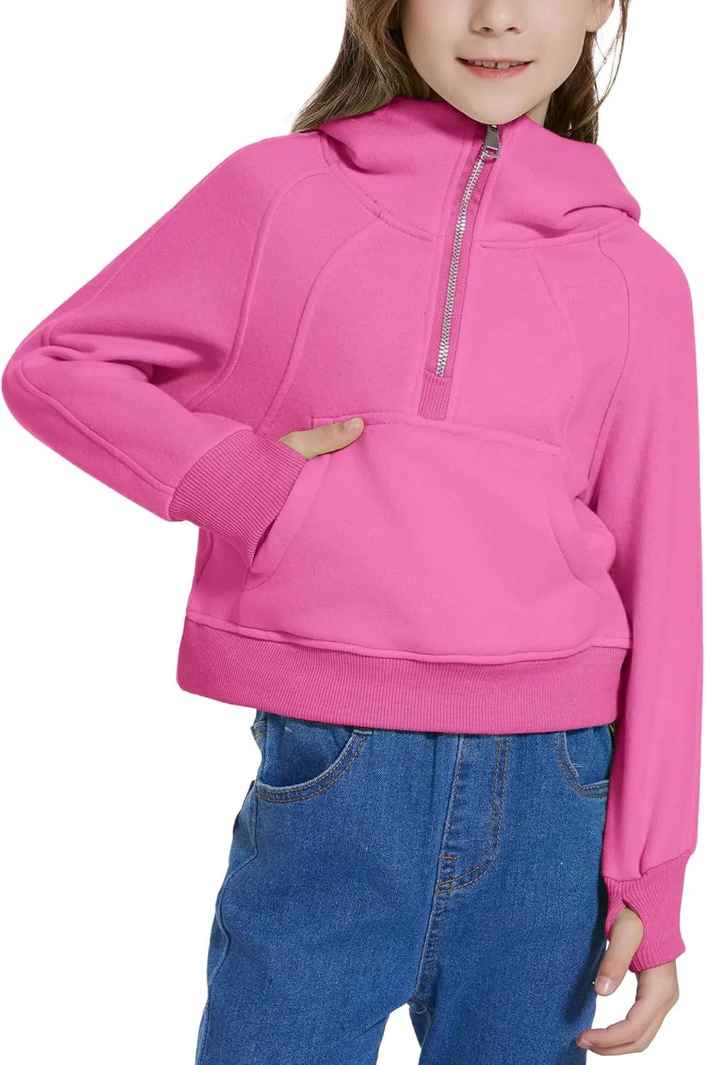 Cropped Hoodies for Girls Half Zip Up Sweatshirts Casual Long Sleeve Fleece Pullover Tops with Pockets Thumb Hole