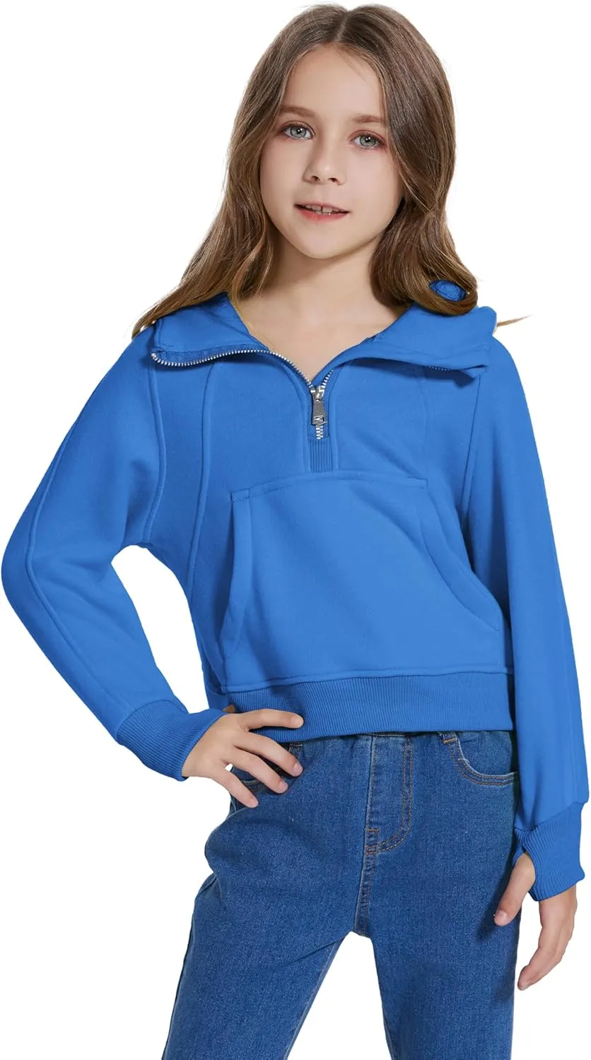 Cropped Hoodies for Girls Half Zip Up Sweatshirts Casual Long Sleeve Fleece Pullover Tops with Pockets Thumb Hole
