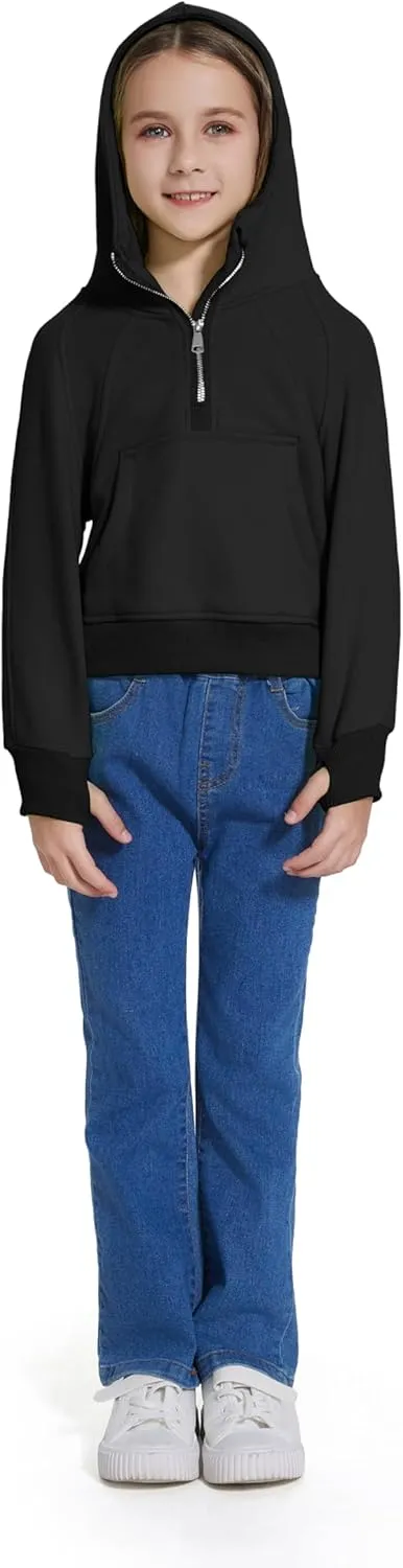 Cropped Hoodies for Girls Half Zip Up Sweatshirts Casual Long Sleeve Fleece Pullover Tops with Pockets Thumb Hole