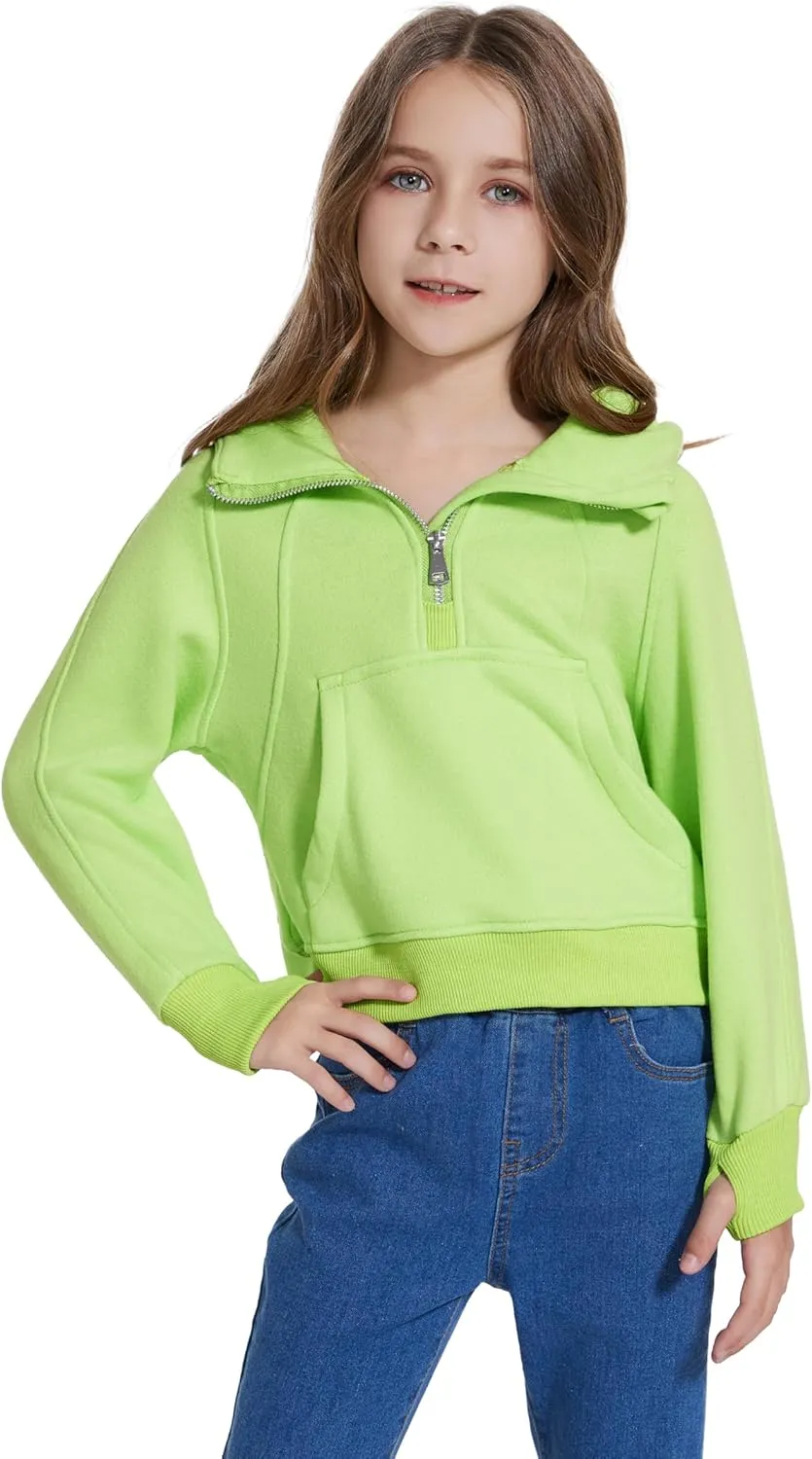Cropped Hoodies for Girls Half Zip Up Sweatshirts Casual Long Sleeve Fleece Pullover Tops with Pockets Thumb Hole