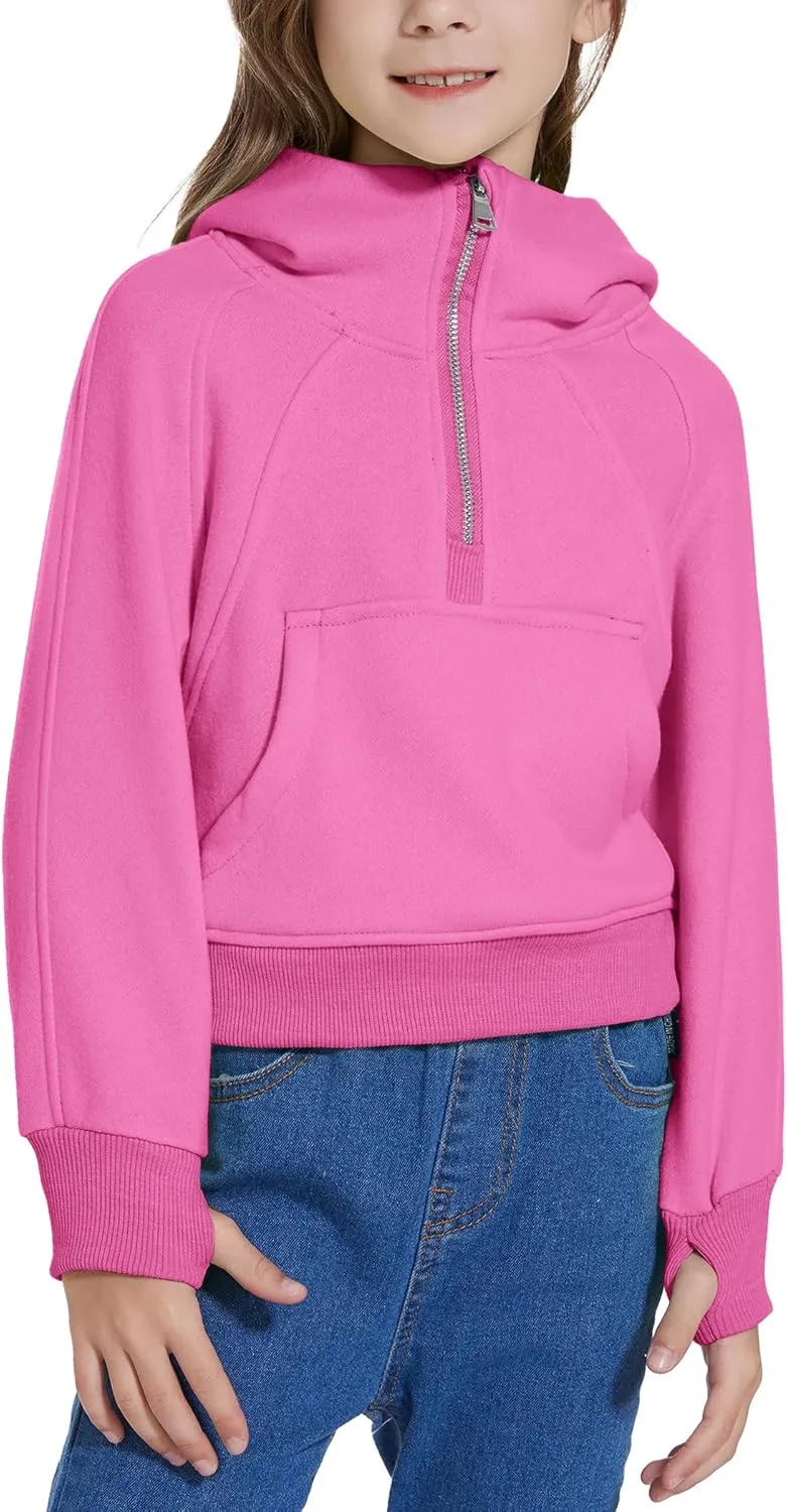 Cropped Hoodies for Girls Half Zip Up Sweatshirts Casual Long Sleeve Fleece Pullover Tops with Pockets Thumb Hole