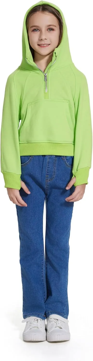 Cropped Hoodies for Girls Half Zip Up Sweatshirts Casual Long Sleeve Fleece Pullover Tops with Pockets Thumb Hole