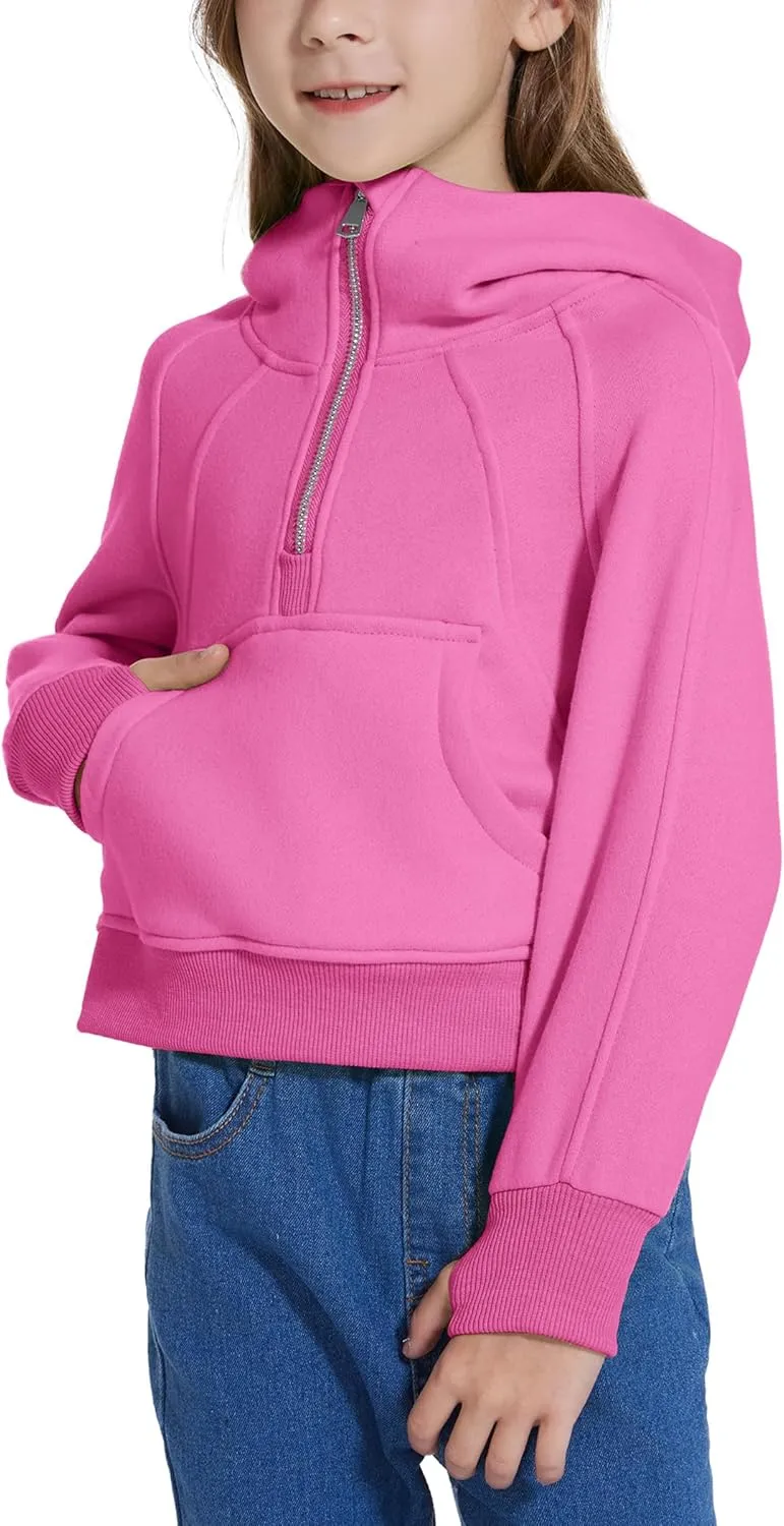 Cropped Hoodies for Girls Half Zip Up Sweatshirts Casual Long Sleeve Fleece Pullover Tops with Pockets Thumb Hole