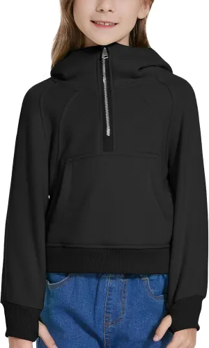 Cropped Hoodies for Girls Half Zip Up Sweatshirts Casual Long Sleeve Fleece Pullover Tops with Pockets Thumb Hole