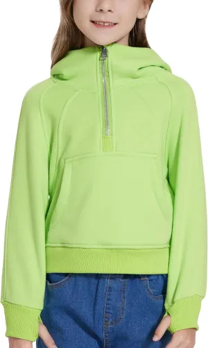 Cropped Hoodies for Girls Half Zip Up Sweatshirts Casual Long Sleeve Fleece Pullover Tops with Pockets Thumb Hole