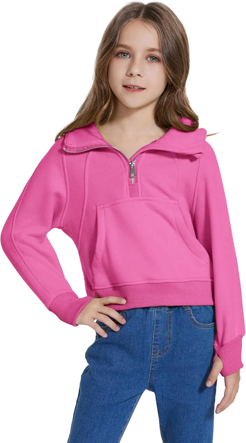 Cropped Hoodies for Girls Half Zip Up Sweatshirts Casual Long Sleeve Fleece Pullover Tops with Pockets Thumb Hole