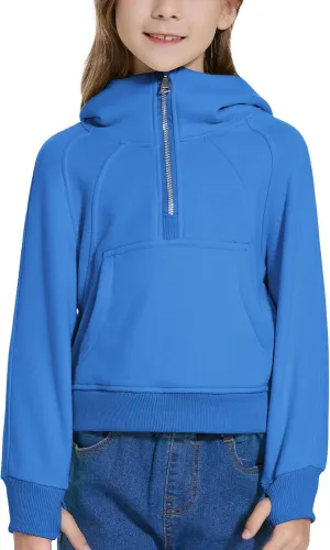 Cropped Hoodies for Girls Half Zip Up Sweatshirts Casual Long Sleeve Fleece Pullover Tops with Pockets Thumb Hole