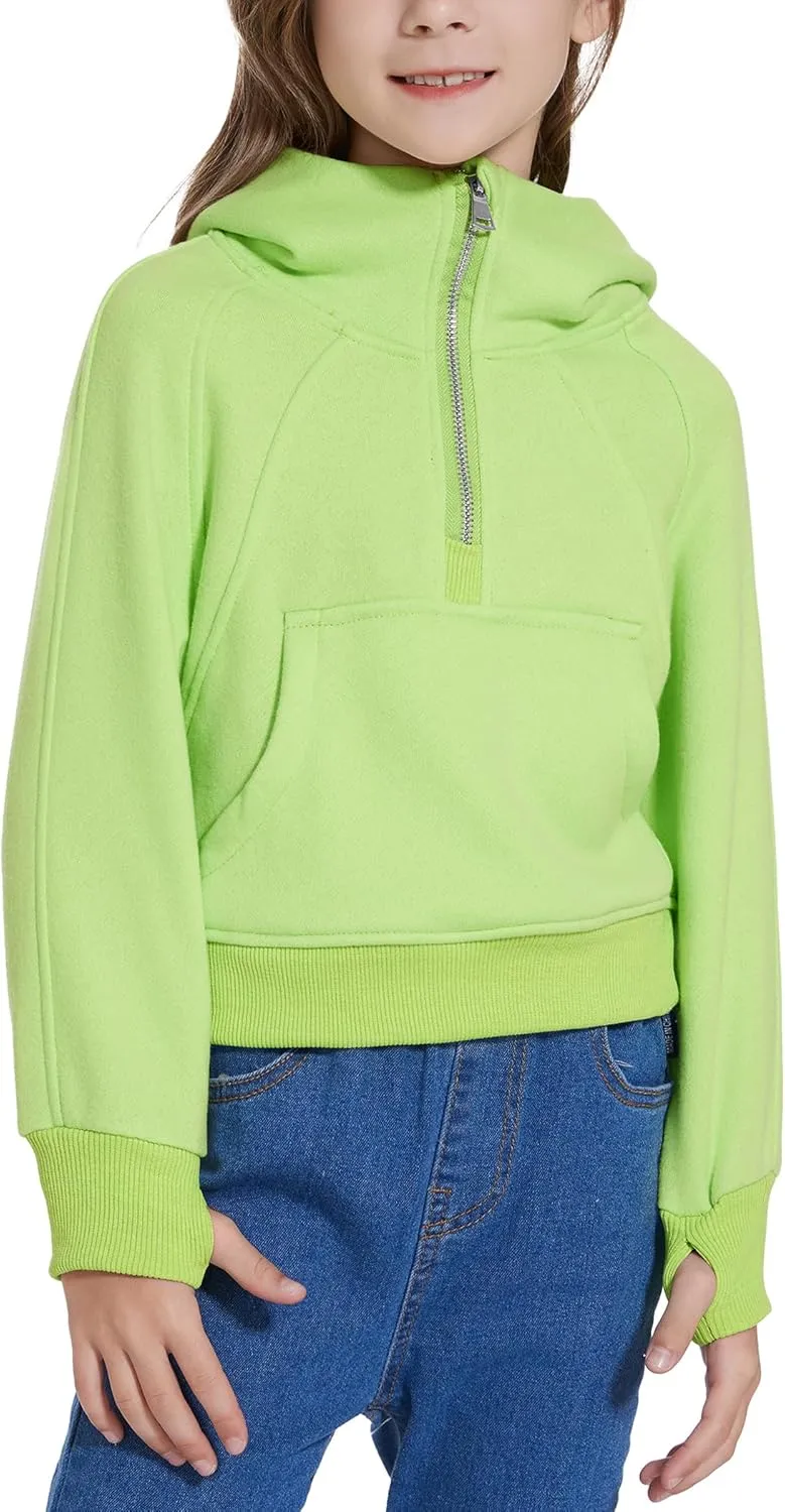 Cropped Hoodies for Girls Half Zip Up Sweatshirts Casual Long Sleeve Fleece Pullover Tops with Pockets Thumb Hole