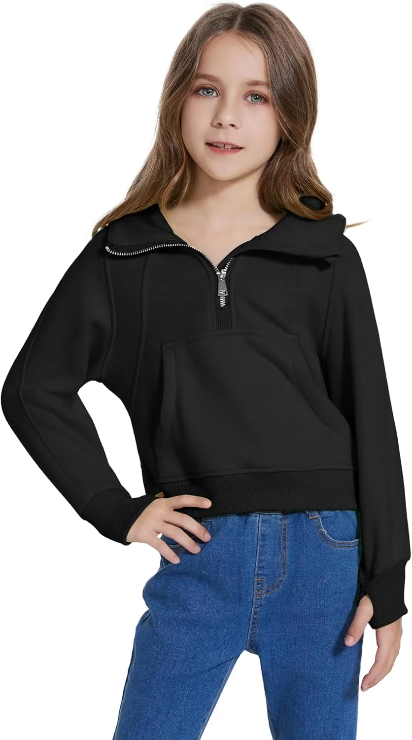 Cropped Hoodies for Girls Half Zip Up Sweatshirts Casual Long Sleeve Fleece Pullover Tops with Pockets Thumb Hole