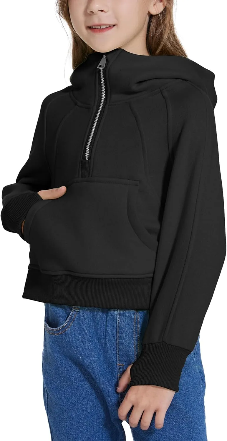 Cropped Hoodies for Girls Half Zip Up Sweatshirts Casual Long Sleeve Fleece Pullover Tops with Pockets Thumb Hole