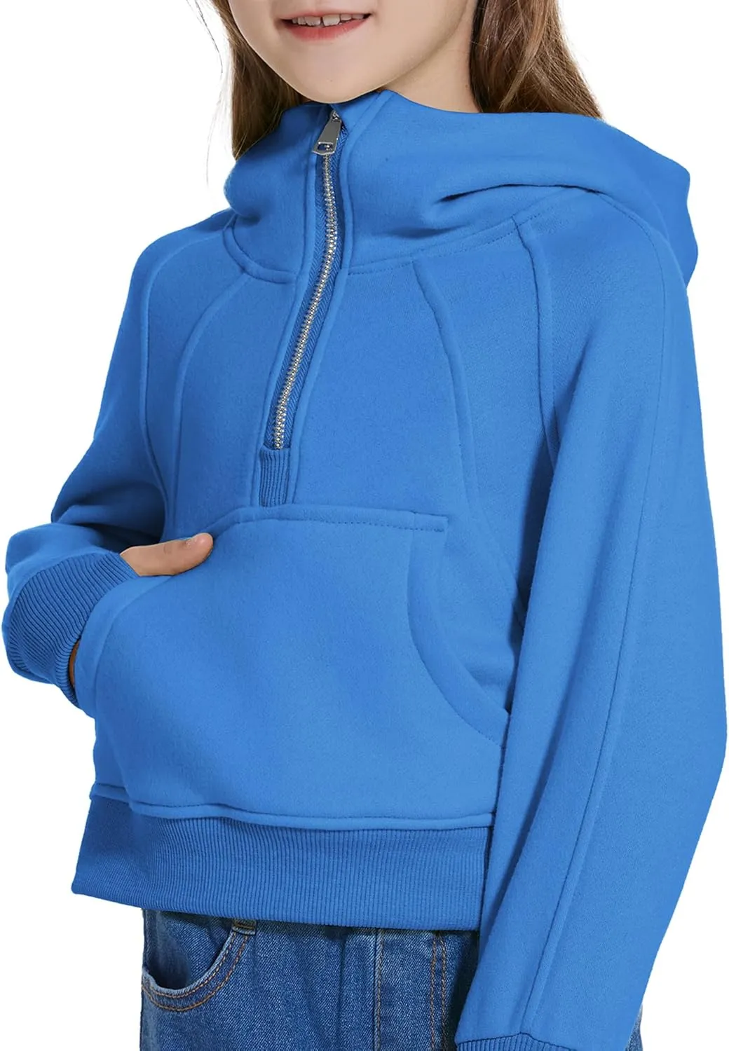 Cropped Hoodies for Girls Half Zip Up Sweatshirts Casual Long Sleeve Fleece Pullover Tops with Pockets Thumb Hole