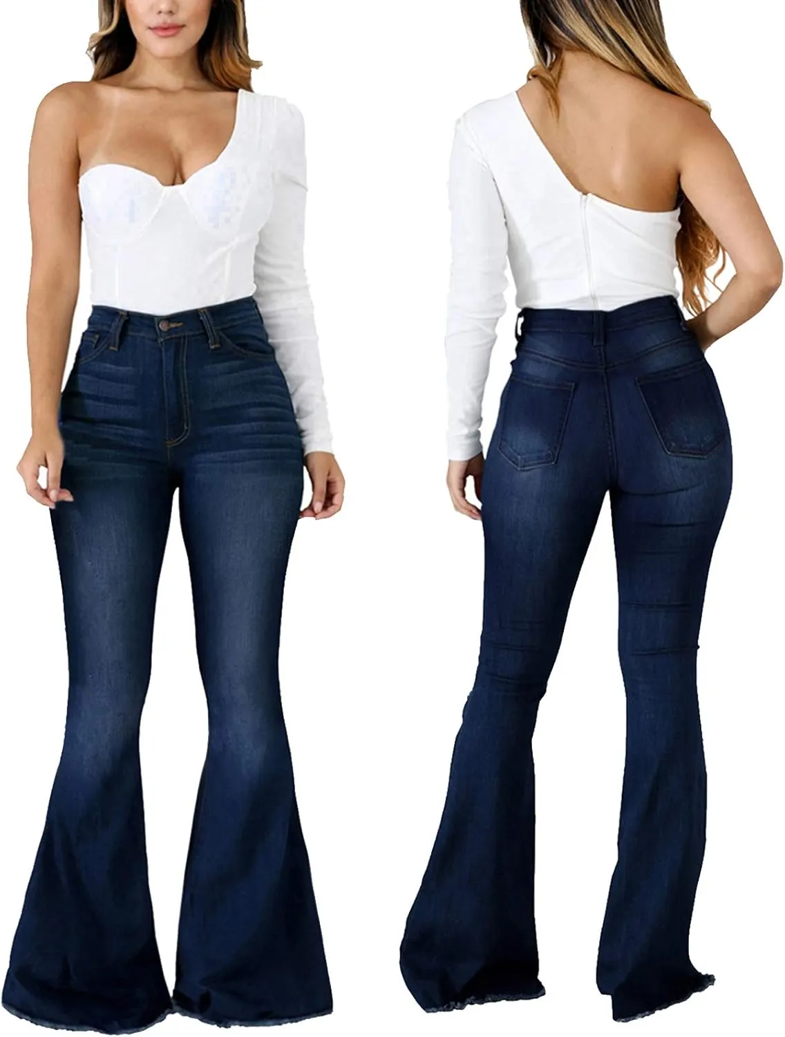 CuteCherry Bell Bottom Jeans for Women Ripped Skinny Bell Bottom Raw Hem Denim Pants
