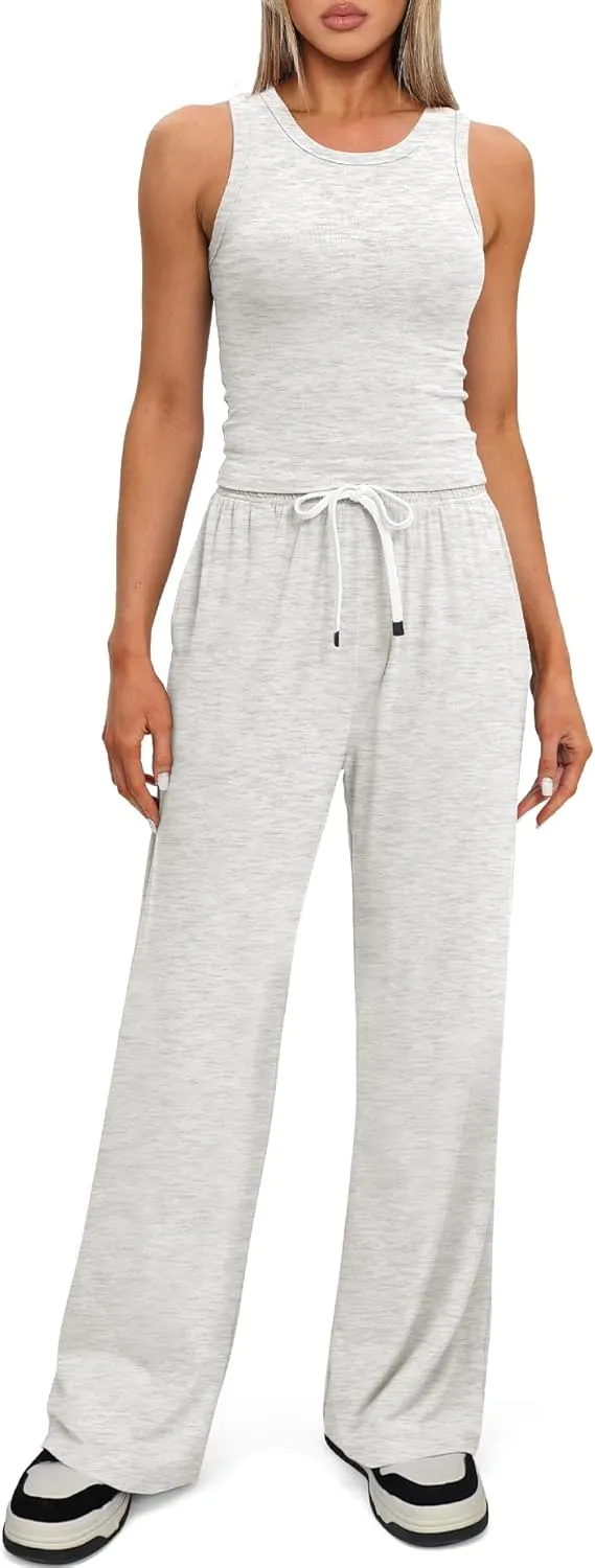 Darong Women's 2 Piece Outfits Lounge Sets Sleeveless Tank Tops Wide Leg Pants Sets Tracksuits Match Sets