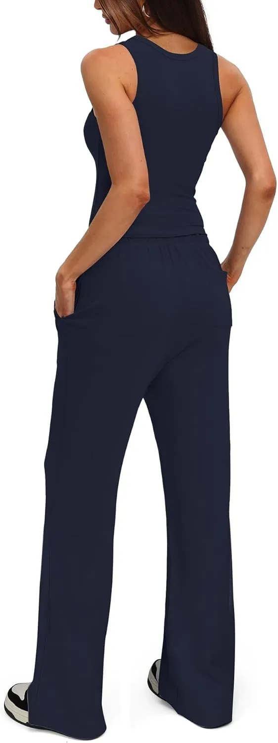 Darong Women's 2 Piece Outfits Lounge Sets Sleeveless Tank Tops Wide Leg Pants Sets Tracksuits Match Sets