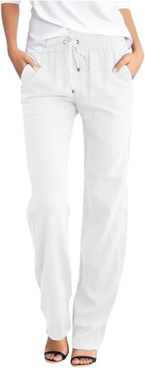 DASAYO Linen Pants Women Drawstring Elastic Waist Straight Leg Trousers Ladies Lightweight Casual Summmer Pants with Pockets