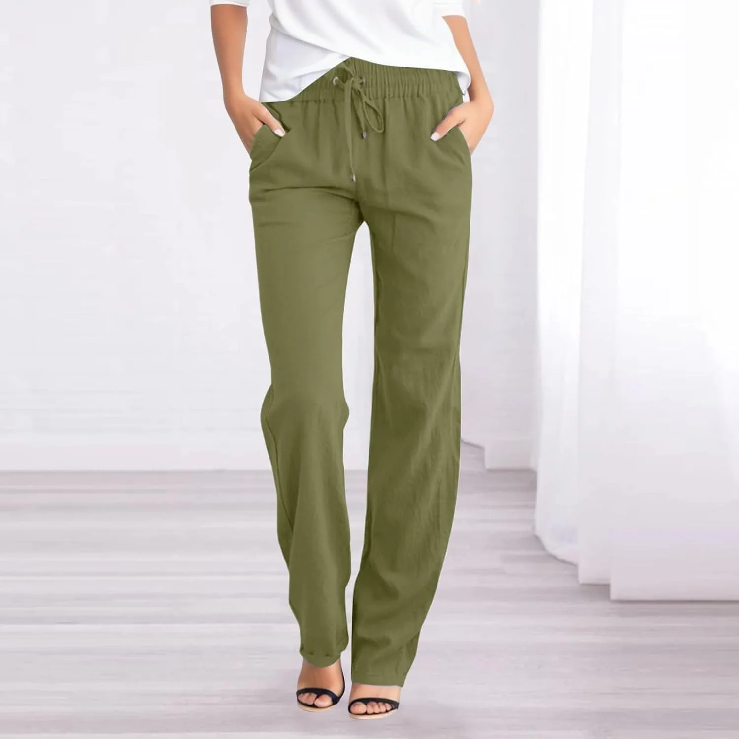 DASAYO Linen Pants Women Drawstring Elastic Waist Straight Leg Trousers Ladies Lightweight Casual Summmer Pants with Pockets