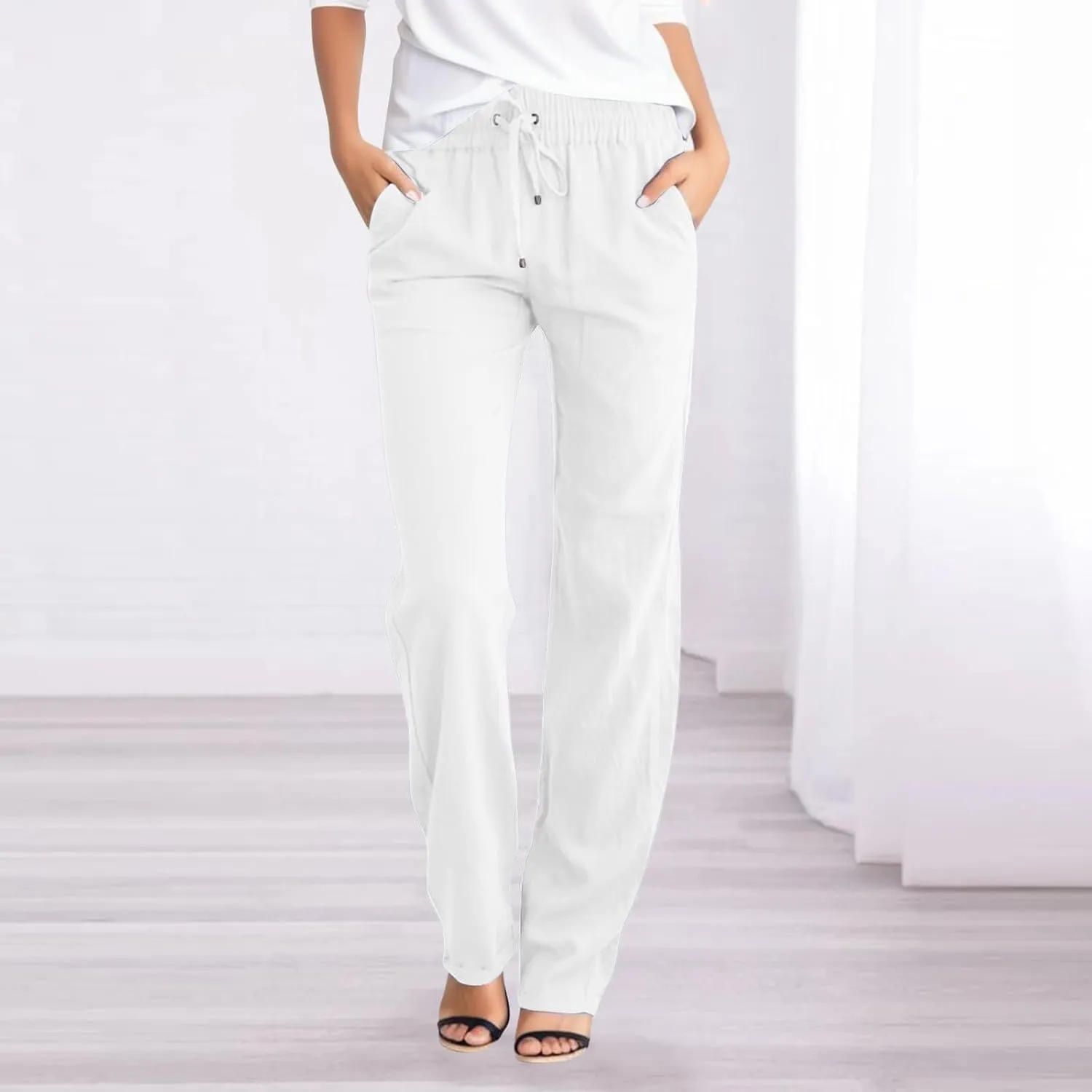 DASAYO Linen Pants Women Drawstring Elastic Waist Straight Leg Trousers Ladies Lightweight Casual Summmer Pants with Pockets