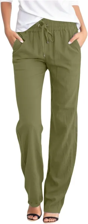 DASAYO Linen Pants Women Drawstring Elastic Waist Straight Leg Trousers Ladies Lightweight Casual Summmer Pants with Pockets
