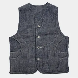 DDL 320-BRETT-2 REGULAR FIT 6 POCKET LIGHTLY PADDED INDIGO COTTON LINEN VEST-10.5oz-E0 ROYAL BLUE INDIGO
