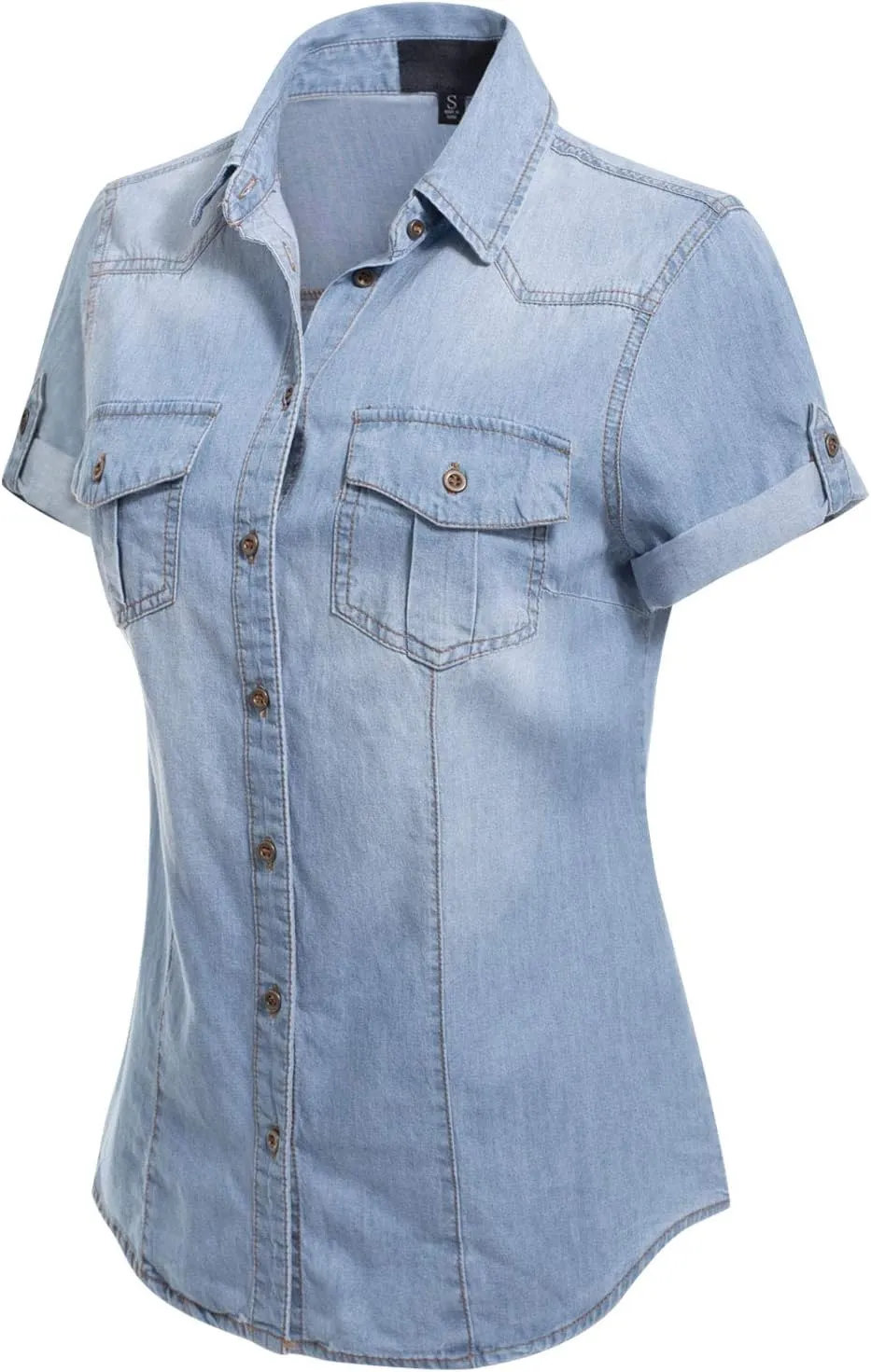 Design by Olivia Women's Cap Sleeve Button Down Denim Chambray Shirt