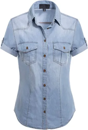 Design by Olivia Women's Cap Sleeve Button Down Denim Chambray Shirt