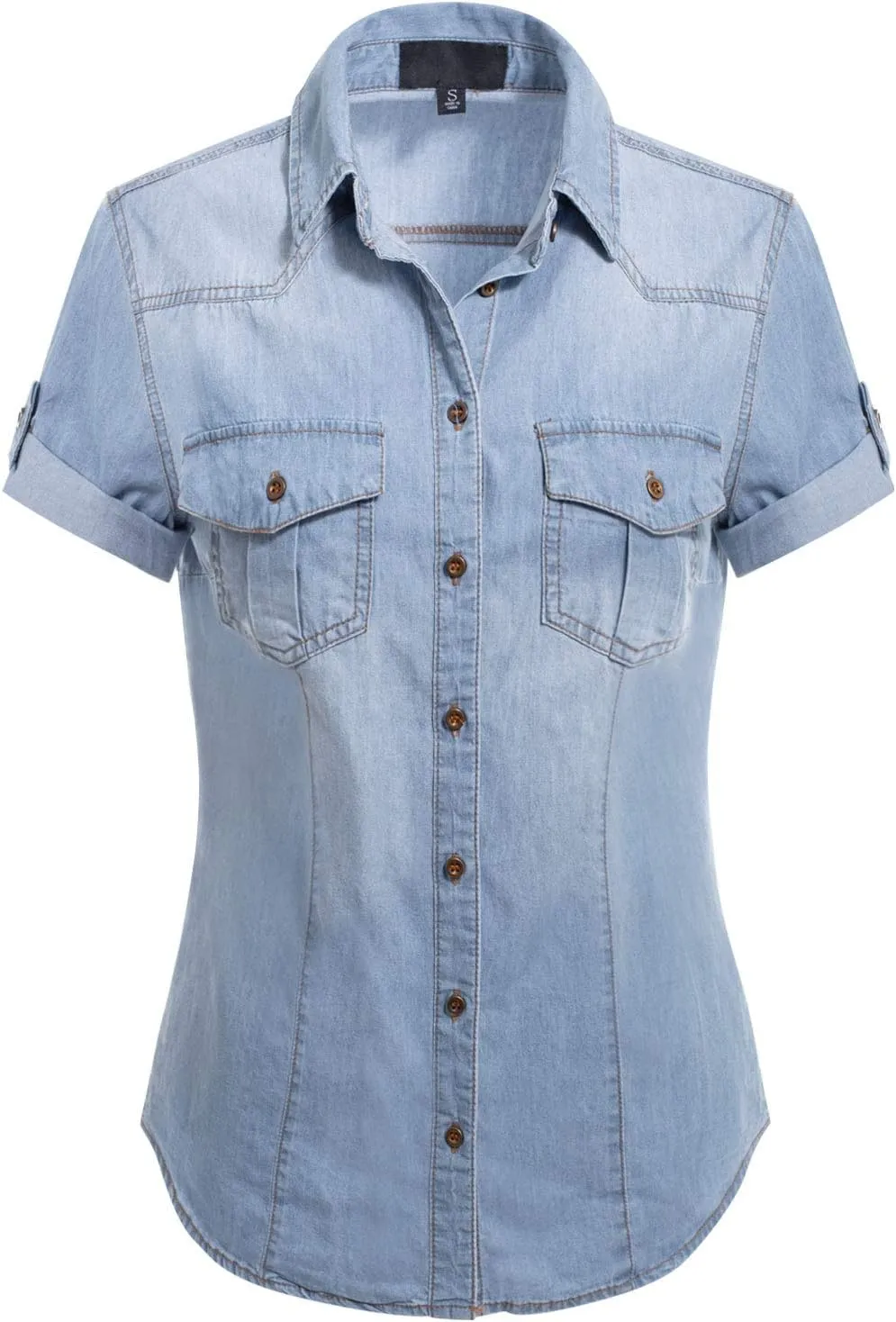 Design by Olivia Women's Cap Sleeve Button Down Denim Chambray Shirt