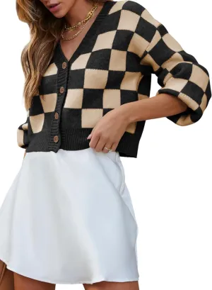 Dokotoo Womens Checkered V Neck Button Down Long Sleeve Cable Knit Cropped Cardigan Sweaters Tops
