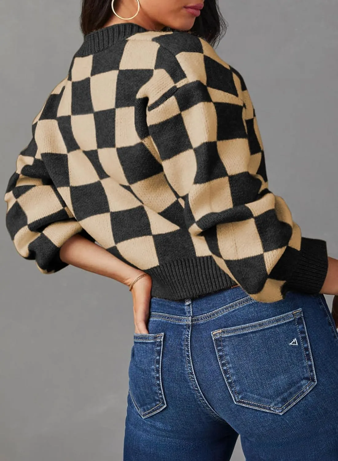 Dokotoo Womens Checkered V Neck Button Down Long Sleeve Cable Knit Cropped Cardigan Sweaters Tops