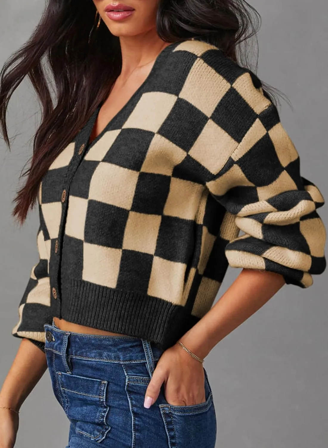 Dokotoo Womens Checkered V Neck Button Down Long Sleeve Cable Knit Cropped Cardigan Sweaters Tops