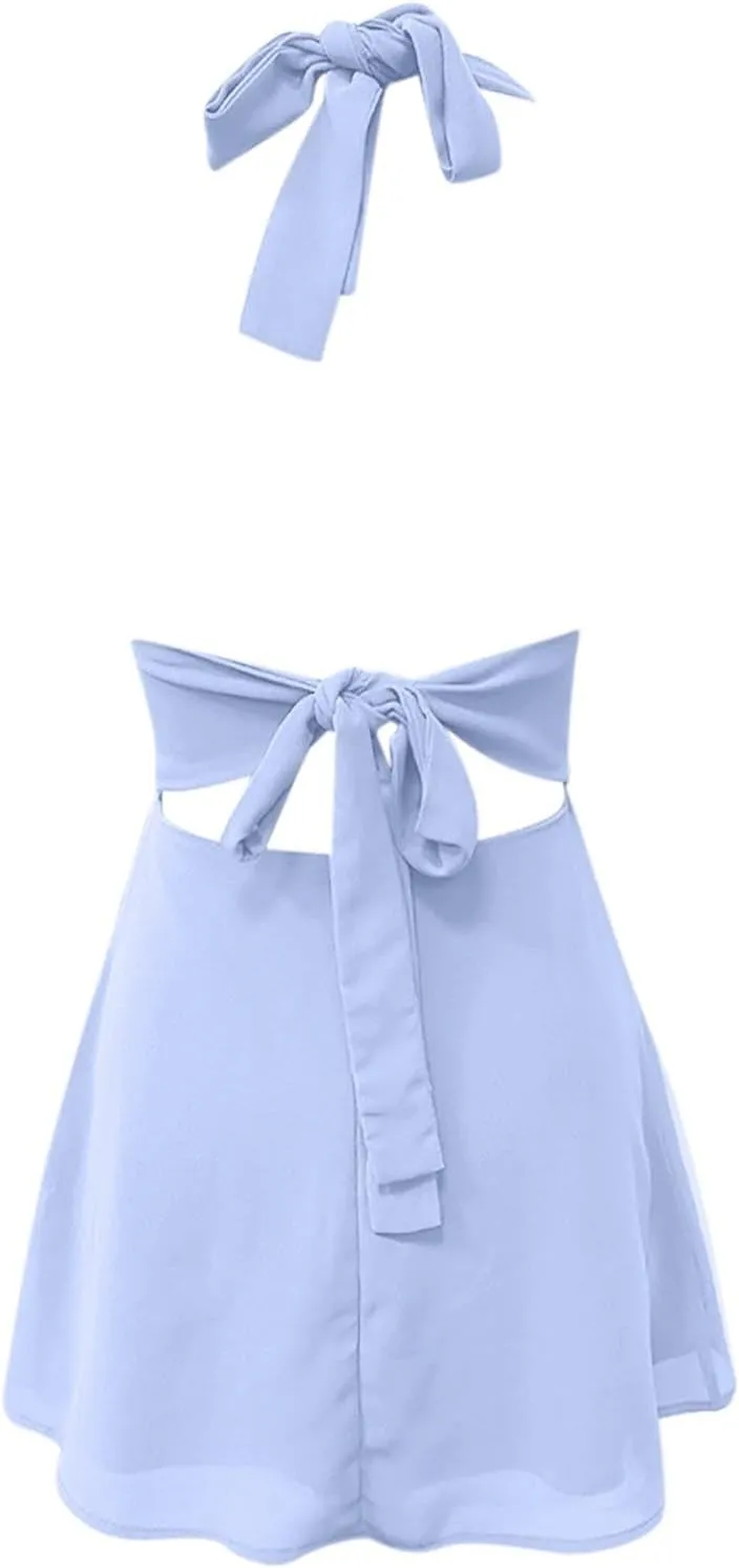 Dresses for Women Swing Deep V Mini Dress Bow Tie Sleeveless Backless Ruched Flowy Wrap Ruffle Hem Summer Dress
