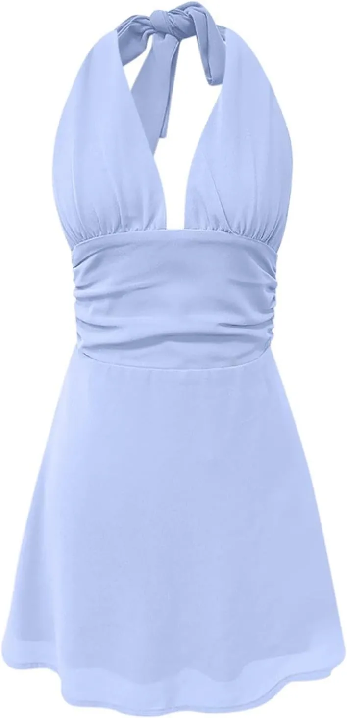 Dresses for Women Swing Deep V Mini Dress Bow Tie Sleeveless Backless Ruched Flowy Wrap Ruffle Hem Summer Dress