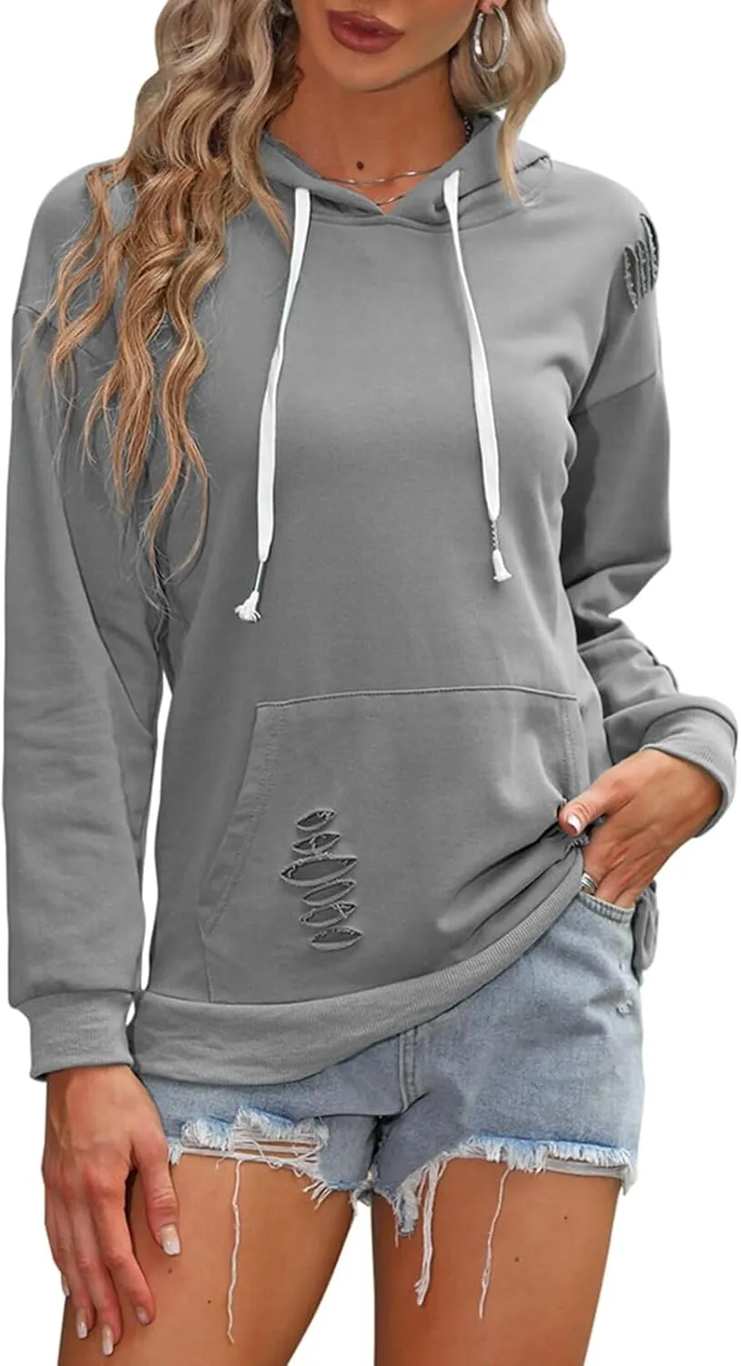 EADINVE Women's Hooded Sweatshirt Hollow Out Distressed Long Sleeve Drawstring Hoodie with Kangaroo Pocket