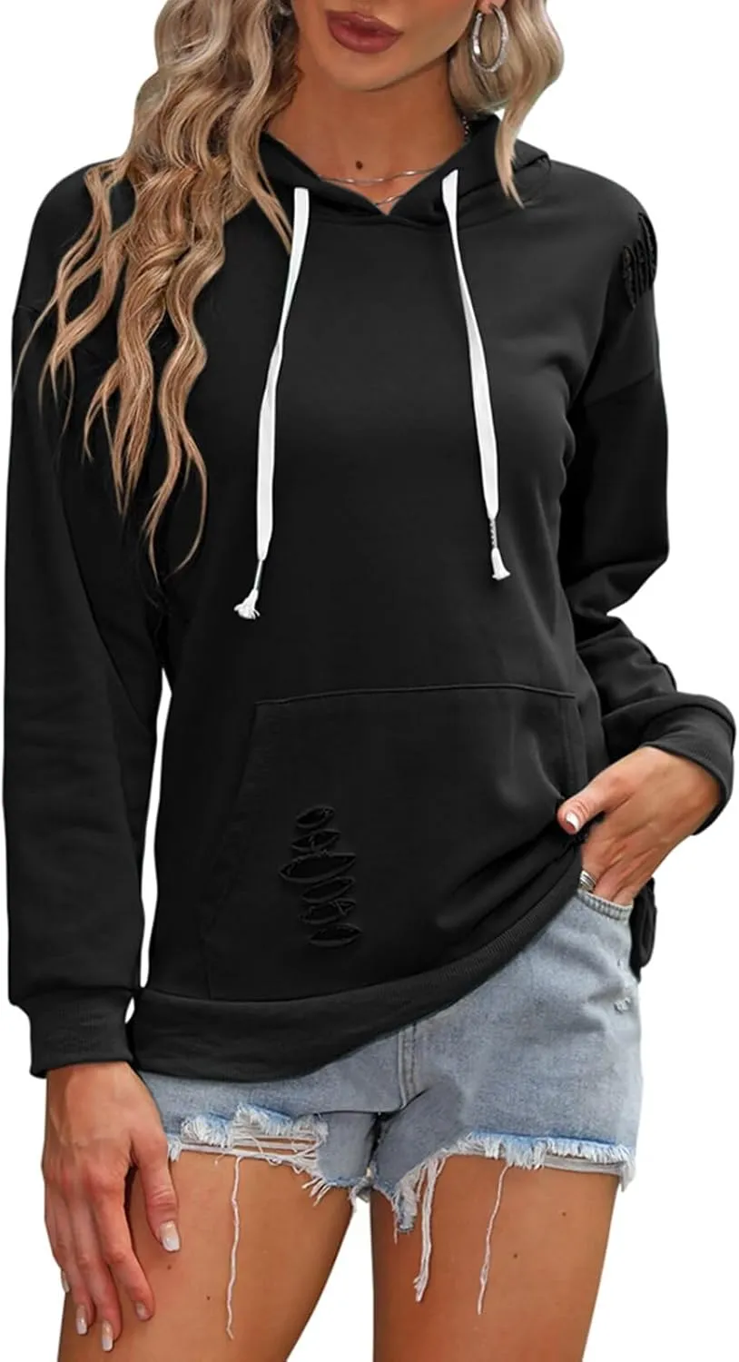 EADINVE Women's Hooded Sweatshirt Hollow Out Distressed Long Sleeve Drawstring Hoodie with Kangaroo Pocket